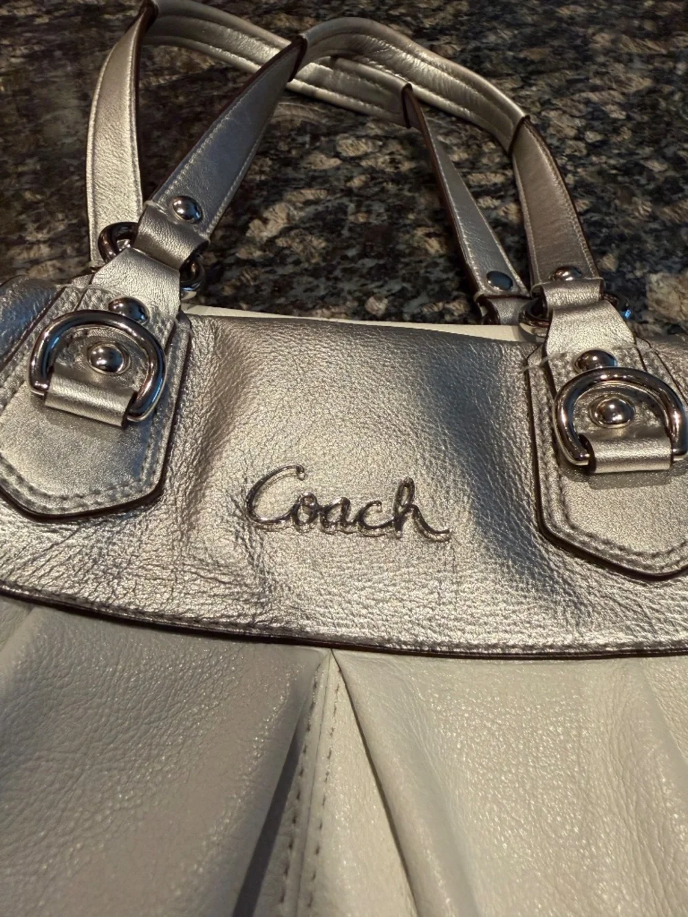 White and Silver Ashley Coach Bag/Tote